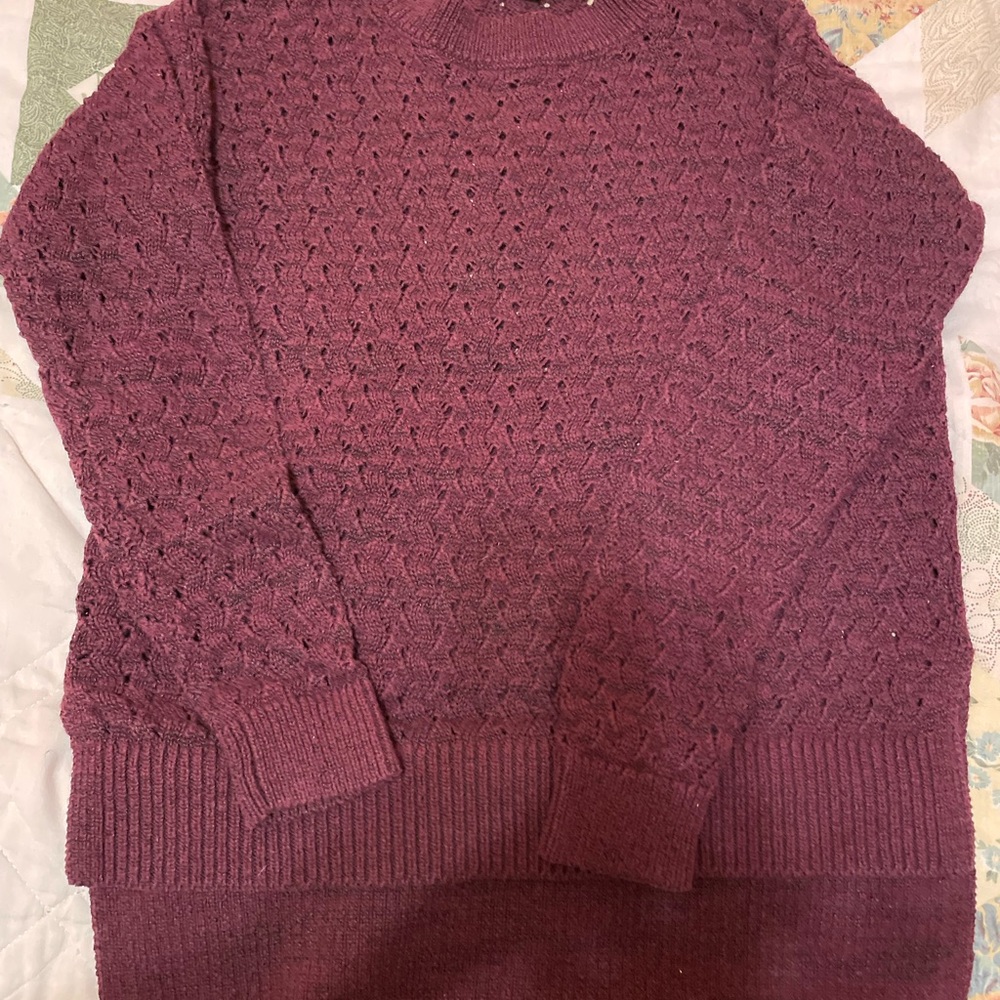 LOFT Cozy Open-Stitch Crew Sweater in Burgundy